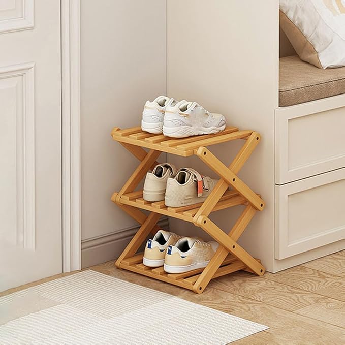 YYW Shoe Rack, Foldable Bamboo Shoes Shelf, Freestanding Shoe Storage Organiser for Entryway, Hallway, Bedroom, Closet (Wood Color, 3 Layers) by YYW