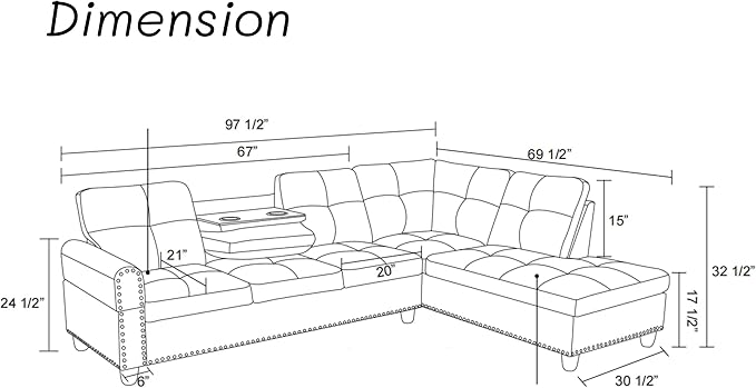 L Shape Sectional Couch with Chaise, 97.5 Inch Modular Sofa with Cup Holders, Sectional Couches for Living Room, Ergonomic Reclined Backrest, for Office and Small Apartment, Grey