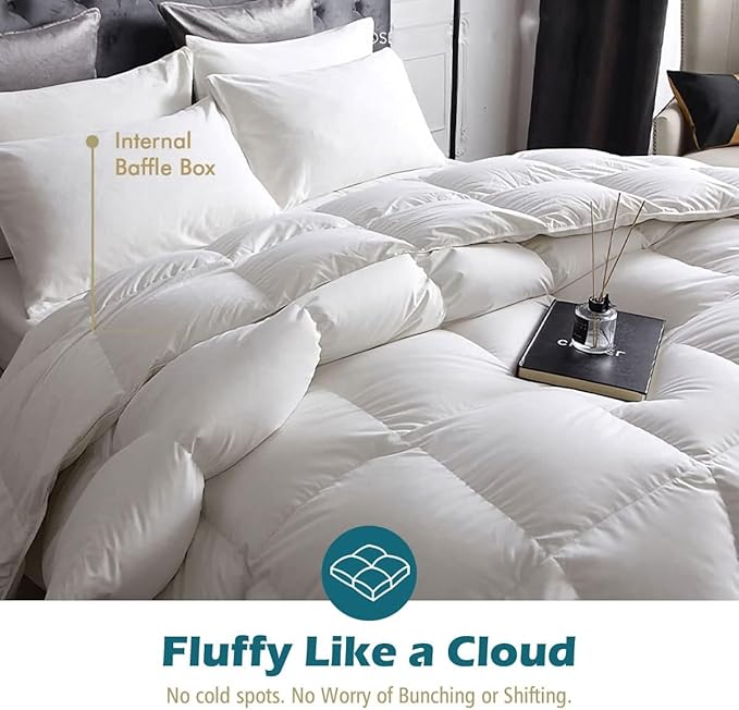 Cobnom® Luxury Organic Feather Down Comforter Full Size, All-Season Duvet Insert, Fluffy Fill-Power Down Feather Fibers Filled, 100% Cotton Cover, Medium Warm, 82x86 Inch, Ivory White