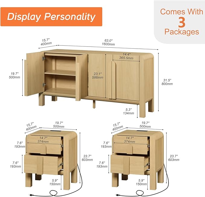 WAMPAT 3 Piece Bedroom Set, Modern 63" Wide Dresser Cabinet and Nightstand Set of 2 with Charging Station,Wood Storage Closet Chest with Curved Profile Handles for Bedroom,Oak