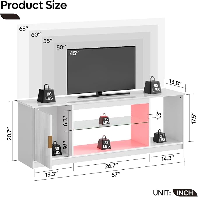Bestier Glossy Fluted TV Stand for 65 Inch TV, Gaming LED Entertainment Center with Cabinet for PS5 Xbox, TV Console with Adjustable Glass Shelves for Living Room Bedroom, Bright White - Image 2