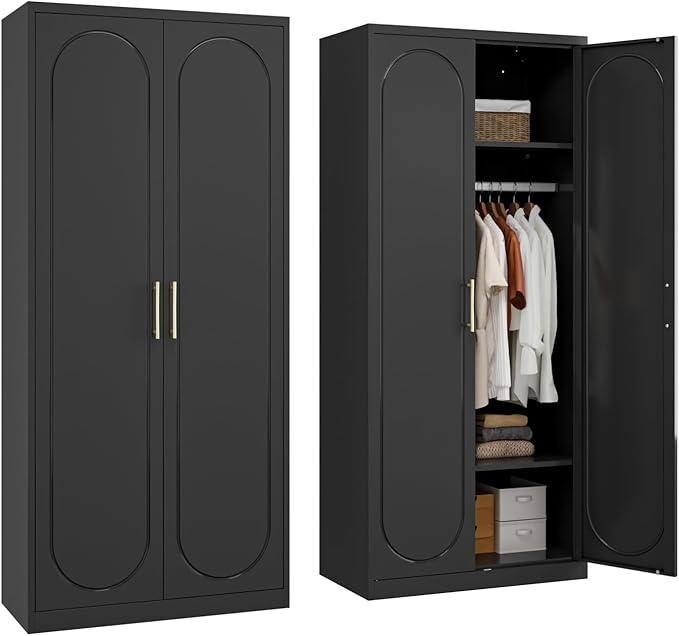 SteeLoong 71" Metal Armoire Wardrobe Closet with Doors,Tall Clothing Storage Cabinet with Adjustable Shelves and Hanging Rod,Black Wardrobe Closet for Bedroom,Home,Office,Gym