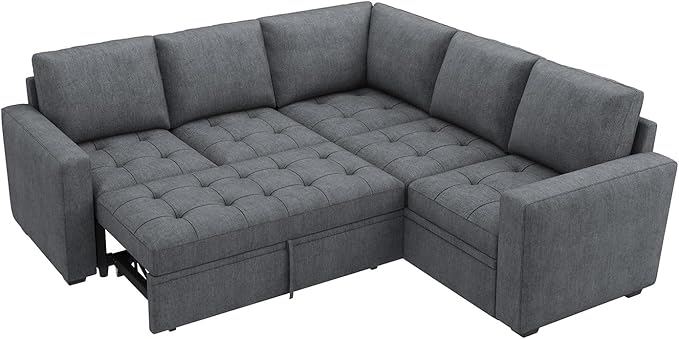 HONBAY Modular Sectional Sofa with Pull Out Bed Convertible L Shaped Couch with Storage Seat Sleeper Sectional Couches for Living Room,Warm Bluish Grey