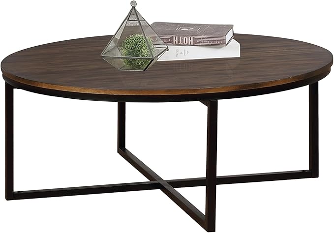 Arcadia 42-Inch Round Acacia Wood Coffee Table – Industrial Living Room Table with Antiqued Mocha Finish and Metal Sled Legs – Ideal Centerpiece for Sectionals and Sofas by Alaterre Furniture