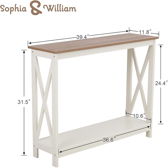 Sophia & William Farmhouse Console Table with Storage Shelf, 2 Tier Sofa Table for Entryway, Hallway, Living Room, Ivory