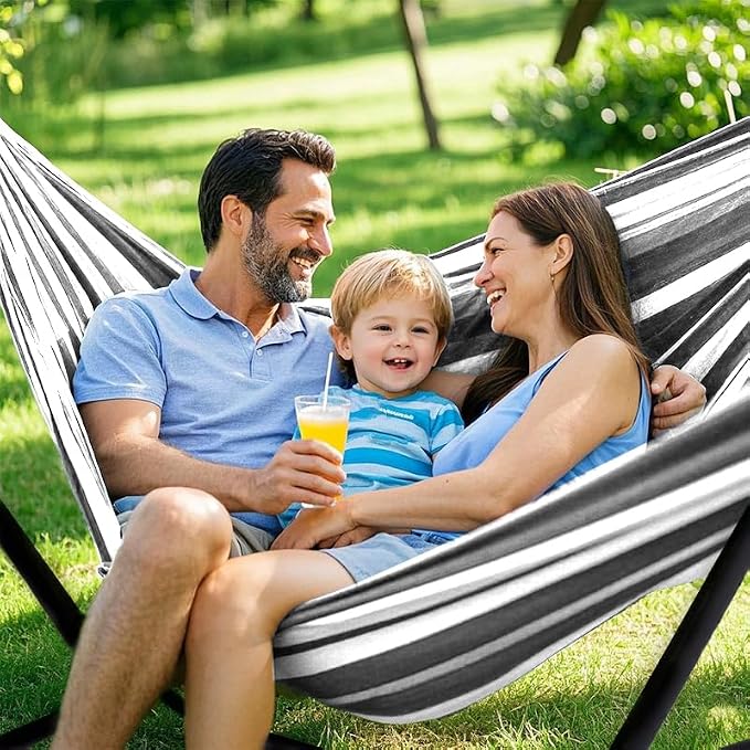 ANAGOO Double Hammock, Heavy Duty Portable, 500 lb Weight Capacity, Perfect for Both Indoors and Outdoors, 2 Person Hammock with Carrying Bag, Black White - Image 2