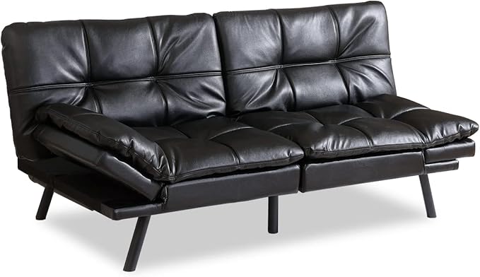 Opoiar Futon Sofa Bed Couch with Frame and Mattress,Black Faxu Memory Foam Leather Futon Split seat, Folding Modern Sleeper Sofa Love seat for Small Space/Drom/Office/Apartment