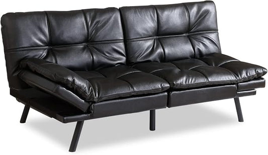Opoiar Futon Sofa Bed Couch with Frame and Mattress,Black Faxu Memory Foam Leather Futon Split seat, Folding Modern Sleeper Sofa Love seat for Small Space/Drom/Office/Apartment