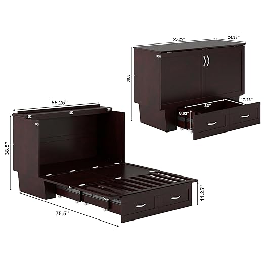 AFI, Chelsea Mid-Century Modern Full Wood Murphy Bed Chest with 6" Mattress, Storage Drawer & Built-in USB Charger, Espresso
