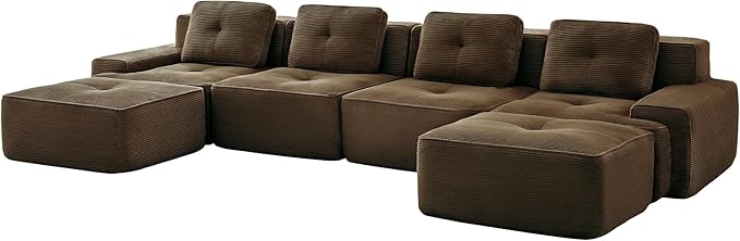Casaphoria 150'' Boneless Sectional Sofa, Corduroy 4-Seater Cloud Couch with 4 Pillows & 2 Ottomans for Living Room, U-Shaped Deep Seat Modular Sofa for Apartment, No Assembly, Brown
