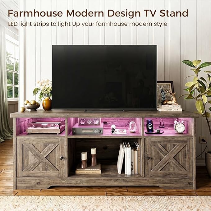 Casaottima TV Stand for 65 Inch TV, Farmhouse Entertainment Center with Power Outlet & LED Light and Storage Cabinets, Console Table and Media Furniture for Living Room Bedroom, Gray Oak - Image 2
