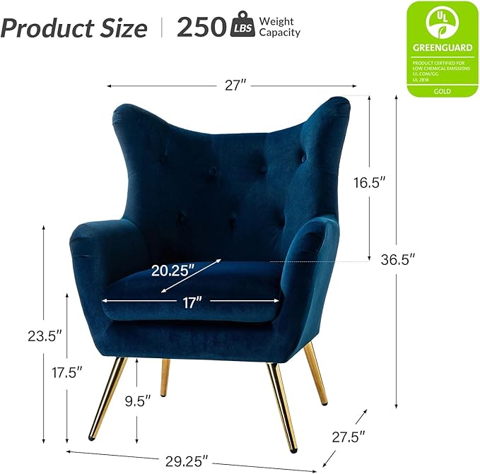 HULALA HOME Velvet Accent Chair, Modern Wingback Arm Chair with Metal Gold Legs, Velvet Tufted Upholstered Single Sofa Chair for Living Room Bedroom, Dining Room Accent Club Guest Chair (Navy)