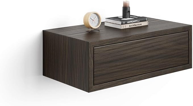 Mobili Fiver, Riccardo Wall Bedside Table, Dark Walnut, 17.7" x 9.8" x 6.1 ", Melamine-Finished, Modern Bedside Table, End Table, Italian Furniture by MobiliFiver