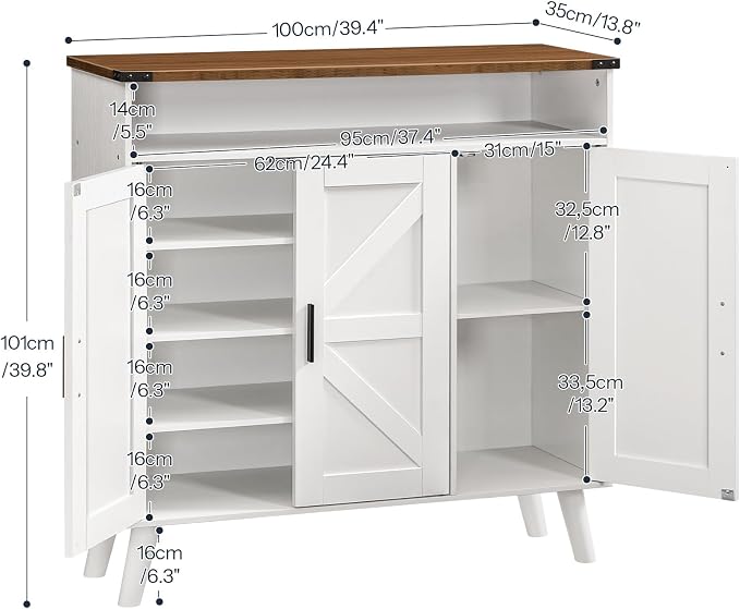 HOOBRO Shoe Cabinet Storage for Entryway, Wooden Shoe Organizer Cabinet With 3 Doors, 39.4" Freestanding Shoe Cabinet Storage for Closet, Entryway, Large Capacity, Farmhouse, White and Walnut WH20SC01 - Image 2