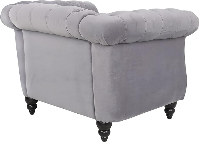 LEVNARY Velvet Chesterfield Chair, Mid-Century Modern Single Sofa Chair with Button Tufted Backrest and Nailhead Decor, Tufted Upholstered Rolled Armchair for Home Bedroom Reading Room (Gray)