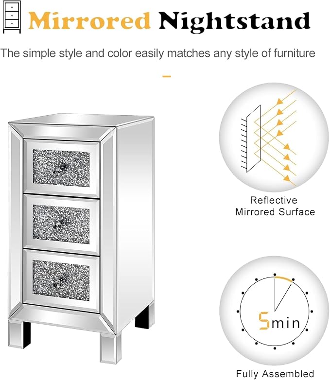 VINGLI 3-Drawer Mirrored Nightstand Bedside Table Modern Night Stands Set of 2 Glass Accent End Table, Fully Assembled, Silver - Image 4