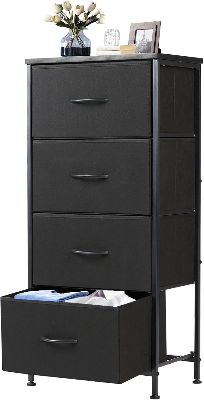 DUMOS Nightstand with 4 Drawers Bedside Table with Removable Fabric Bins Sturdy Steel Frame Wood Top Organizer Furniture for Bedroom Closet Living Room by DumosLifestyle