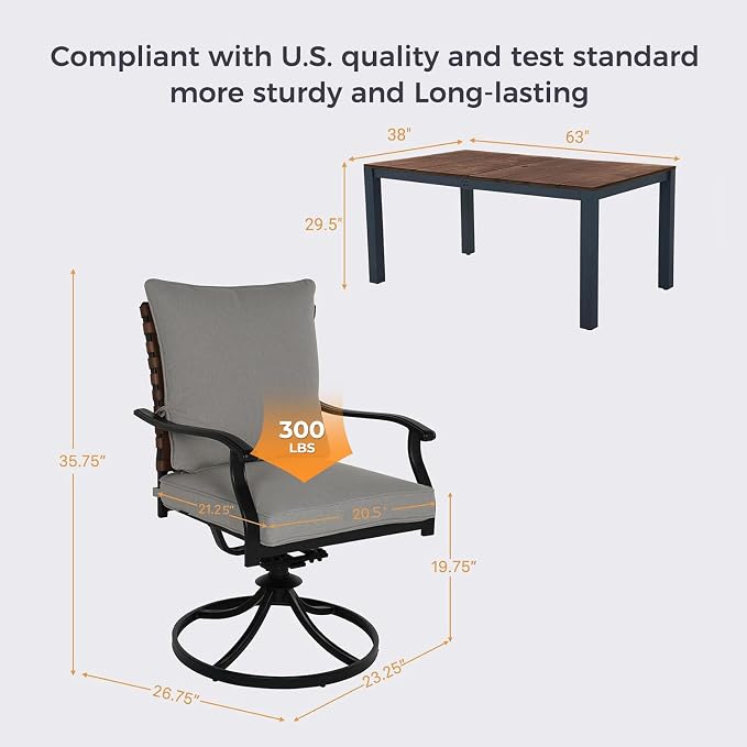 Grand patio 7-Piece Outdoor Dining Set, 6 Leather-Look Resin Wicker Swivel Patio Chairs & 1 Rectangular Woodgrain Dining Table, Brown - Image 3