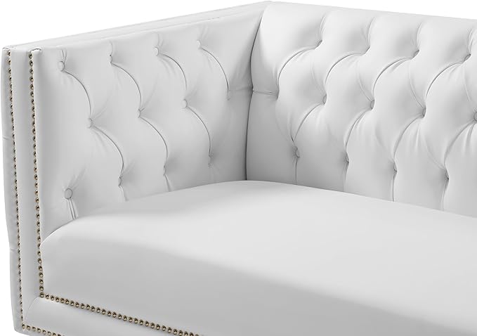 Meridian Furniture 651White-L Michelle Collection Modern | Contemporary Loveseat with Deep Button Tufting, Gold Nailhead Trim and Sturdy Gold Iron Legs, White Vegan Leather, 66" W x 34" D x 30" H