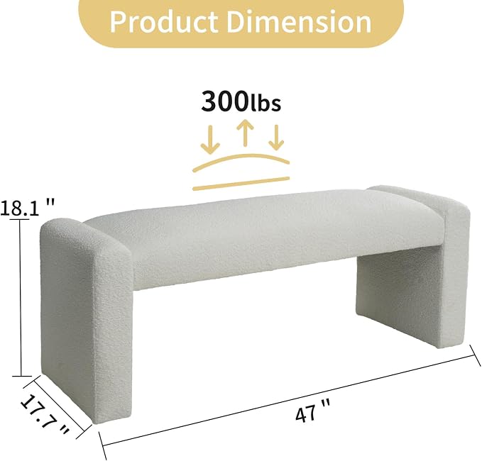 SIMTONAL 47" End of Bed Bench, Modern Fabric Upholstered Entryway Bench, Footrest Stool Accent Bench with Solid Wood Frame for Bedroom Living Room, White - Image 2
