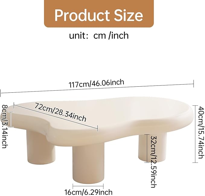 Guyii Cloud Coffee Table, Modern White Coffee Table for Living Room, Cute Irregular Indoor Tea Table with 3 Legs, Easy Assembly (Cream White, 46.06 Inch)
