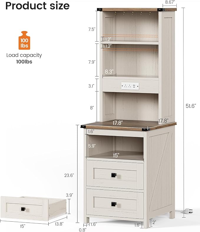 Farmhouse Tall Nightstand Set of 2 with Charging Station and 2 Drawers,Led White Night Stand Set of 2 with Bookshelf,Bedside End Side Table with Storage Shelves for Bedroom,Antique White - Image 3