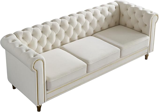 KEIKI 85" Chesterfield Velvet Tufted Button Sofa with Deep Seat Cushions and Rolled Arms, Modern Style 3-Seater Couch Decorated with Gold Strip, Easy Assembly, for Living Room, Bedroom, Office, Beige