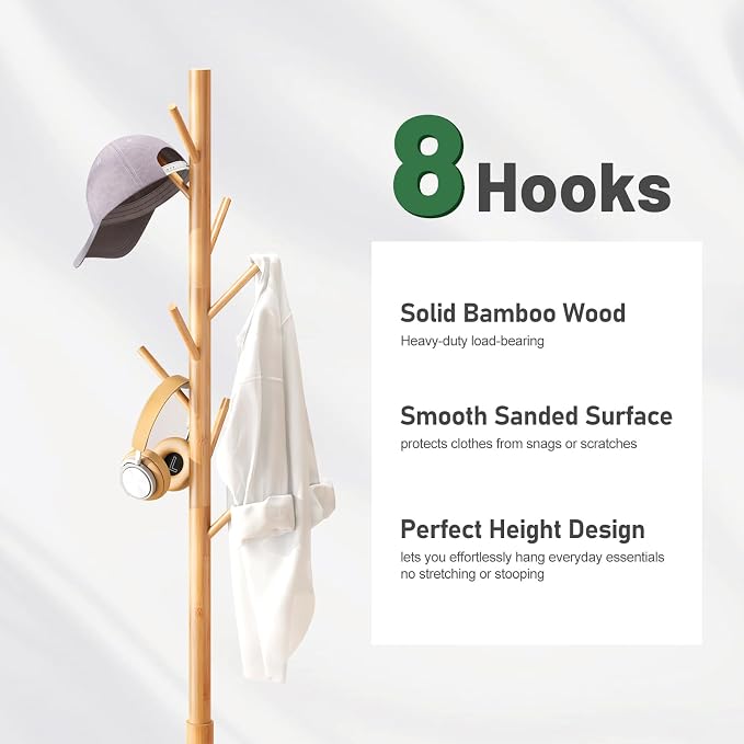 kiplant Coat Rack Freestanding, Bamboo Wood Coat Stand with 8 Hooks,3 Adjustable Size,Easy Assembly NO Tools Required, Coat Tree Hanger Stand for CoatsScarves in Hallway - Image 3