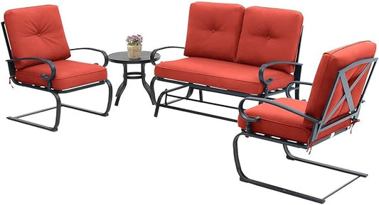 SOLAURA 4-Piece Outdoor Furniture Patio Conversation Sets Swing Glider Loveseat and Spring Lounge Chairs with Side Table for Garden, Deck, Balcony, Poolside, Lawns (Red)