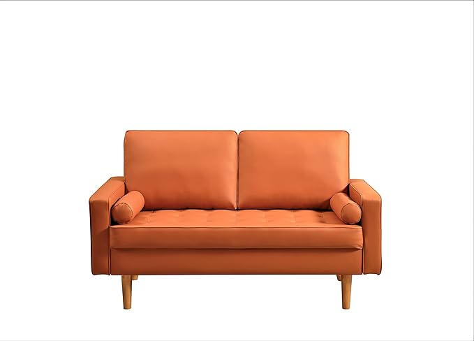 Container Furniture Faux Leather Sofa for The Modern Living Room with Removable Cushions and Solid Wood Legs, Luxury Style Button-Tufted Loveseat, 58" Wide, Red Orange