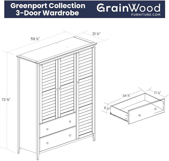 Grain Wood Furniture Greenport 3-Door Wardrobe, Brushed Walnut