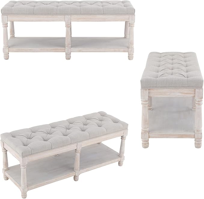 Mid Century Tufted Storage Bench with Shelf, Linen Upholstered Farmhouse Entryway Shoe Bench Ottoman Bed End Stool with Padded Seat, Rustic Bench for Bedroom Living Room Dining Room, Beige - Image 6
