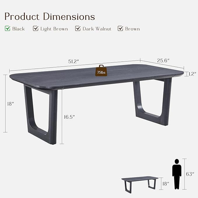 ACCOHOHO Modern Coffee Table for Living Room,51.2" Large Rectangle Wood Coffee Table with U-Shaped Legs & Sturdy Base Design,Center Table for Office,Apartment,Black