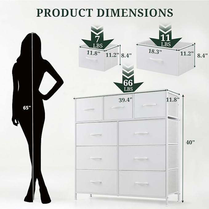 9-Drawer Dresser for Bedroom, Anti-Tip Tall Storage Organizer Chest of Drawers with Wooden Top and Metal Frame Fabric Bins for Closet, Living Room, Hallway, Entryway, White - Image 3