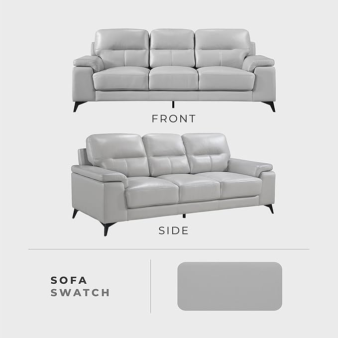 Lexicon Leather Couch, Modern Couch Sofa, Top Grain Leather Sofa, Oversized Sofa for Living Room, Bedroom, Office, Apartment, 3-Seater Couches, Silver Gray