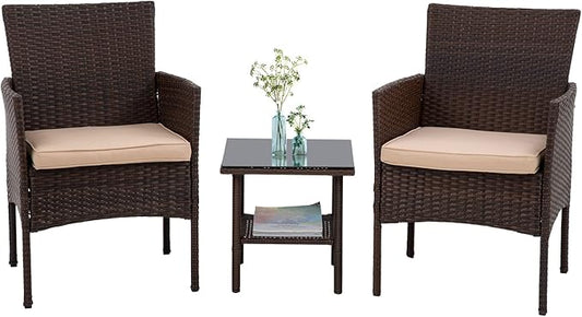 PayLessHere 3 Piece Furniture Patio Chairs Wicker Outdoor Rattan Conversation Bistro Set for Backyard Porch Poolside Lawn (Brown)