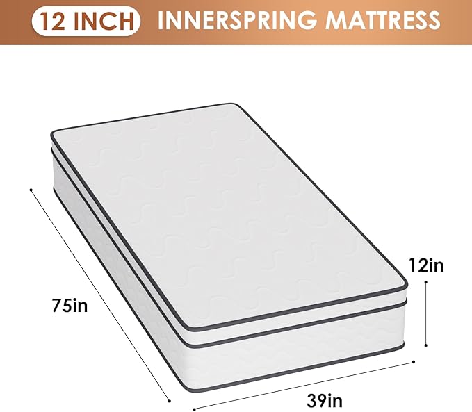 PayLessHere | 12 Inch Twin Mattress | Medium Firm Hybrid Mattress | White | with High-Density Foam and Breathable Cover | Pocket Spring Design, Pressure Relief | Bed in a Box, CertiPUR-US Certified