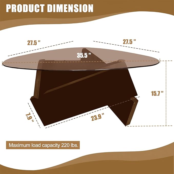 Triangle Glass Coffee Table Brown Rustic Glass Top Coffee Table Retro Modern Living Room Center Table with Solid Wood Legs, 35.5'' x 27.5'' x 15.7'' Cute & Vintage Tea Table for Small Spaces