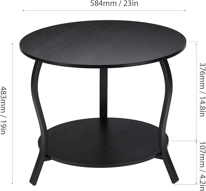 Small Round Coffee Table with Open Storage,23" 2-Tier Coffee Side Tables for Small Space, Accent Center Table Circle Sofa End Table with Wooden Table Top for Living Room Bedroom Apartment,Black