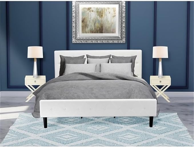 East West Furniture NL19K-2HA05 3 Piece Bedroom Set - King Size Button Tufted Bed - Linen white Velvet Fabric Upholstered Headboard and a linen white Finish Nightstand