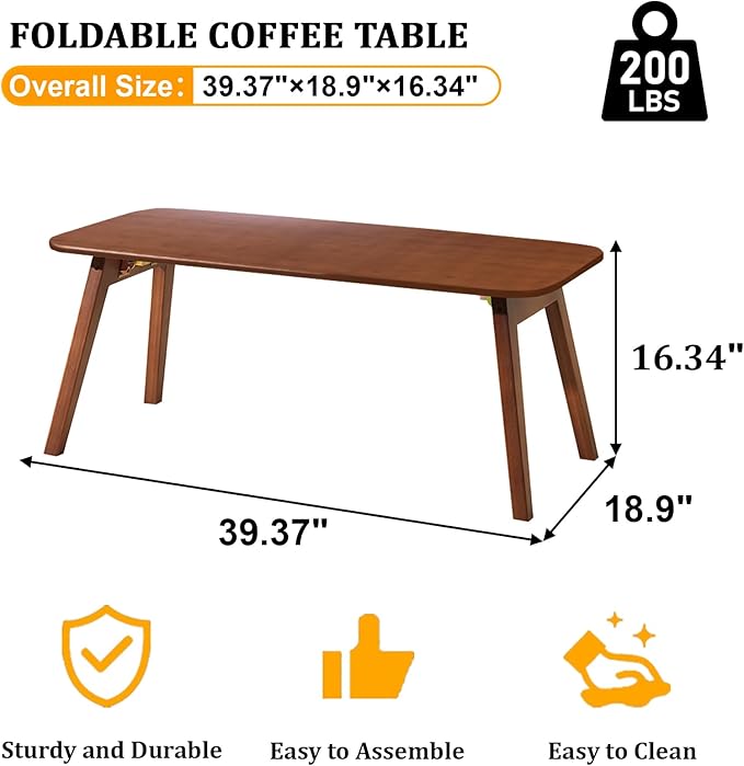 Coffee Table Foldable Mid Century Desk TV Stand with Open Storage Shelf Center Table for Living Room Furniture RV No Assembly, Brown (39.37IN)