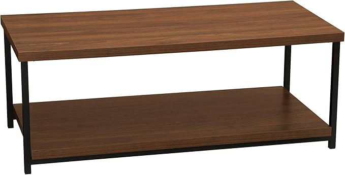 Household Essentials Jamestown Rectangular Coffee Table with Storage Shelf Mid Century Walnut Wood Grain and Black Metal