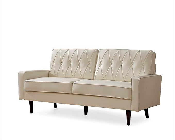Container Furniture Modern Style Faux Leather Sofa with Elegant Round Tapered Legs and Button Tufted Backrest Perfect for Living Room, Bedroom or Home Office, 69.3’’ Wide, White