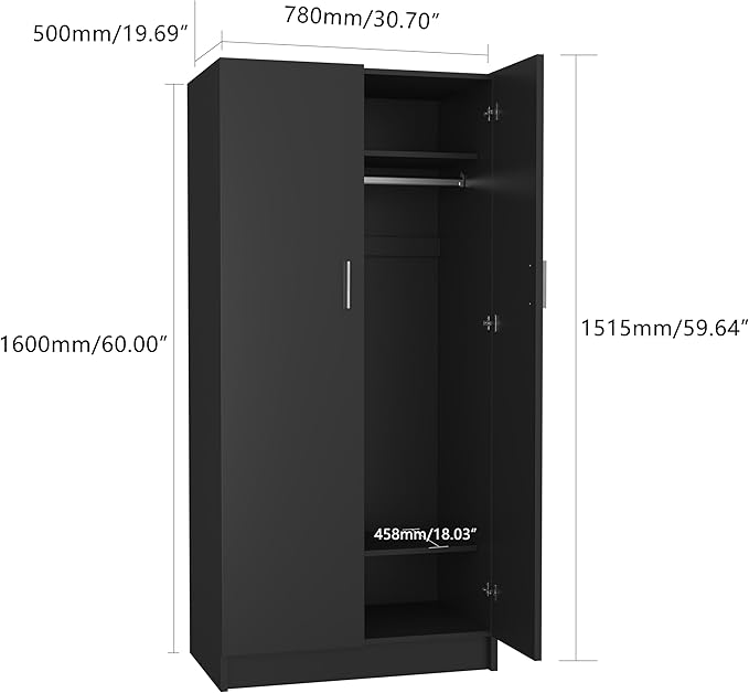 Panana 2 Door Wardrobe Closet Bedroom Armoires with 2 Shelves Storage, Hanging Rail for Bedroom (Black)