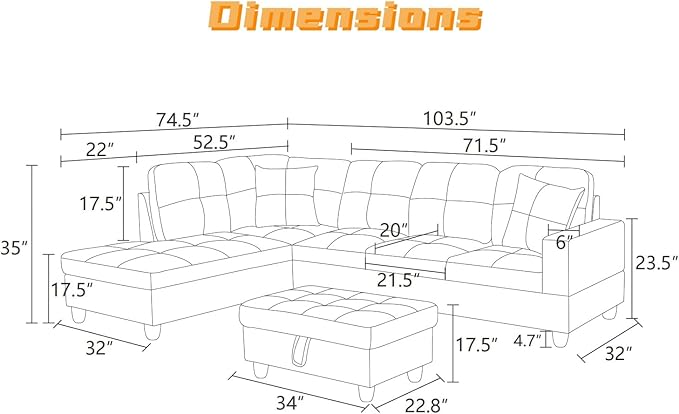 FONTOI L Shaped Sectional Couch with Otttoman, 103" Sectional Sofa for Living Room Flannel Modular Couches with Cup Holders for Bedroom, Apartments, Brown