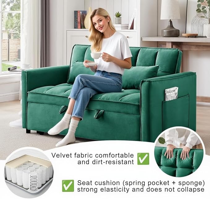 Convertible Sofa Bed, Pull Out Couch with Side Pockets, 3 in 1 Velvet Fabric Loveseat Sleeper Sofa Bed, Pull Out Couch with Adjustable Backrest for Living Room, Bedroom, Apartment, Green