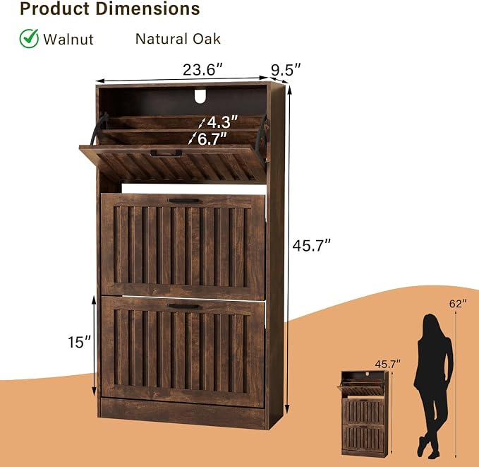 Shoe Storage Cabinet for Entryway with 3 Flip Drawers, Wooden Shoe Organizer with Adjustable Shelf, Freestanding Wood Fluted Panel Shoes Cabinet Closed Shoe Rack for Hallway, Foyer, Walnut - Image 2
