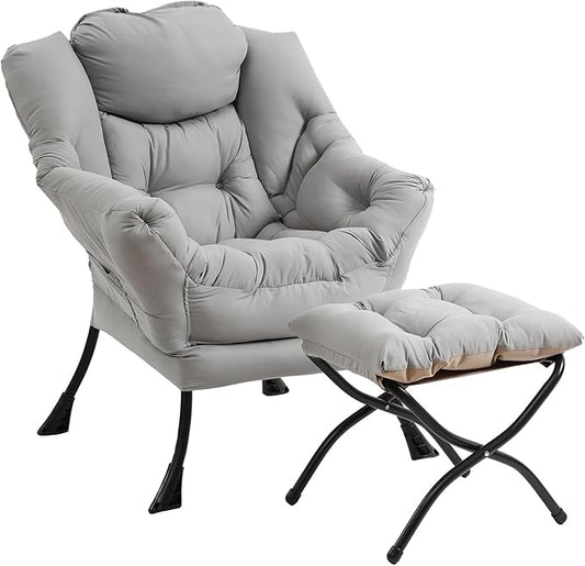 Furlide Lazy Chair with Ottoman, Modern Accent Chairs with Folding Footrest, Light Grey Sofa Chair Set, Comfortable Reading Chairs, Oversized Armchairs for Bedroom, Study, Living Room, Courtyard