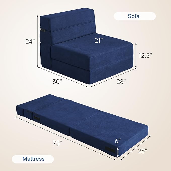 Folding Sofa Bed with Pillow Memory Foam Convertible Sleeper Chair Bed Couch Futon Lazy for Living Room Home Office Guest Beds Apartment Upstairs Loft, Single Size, Dark Blue