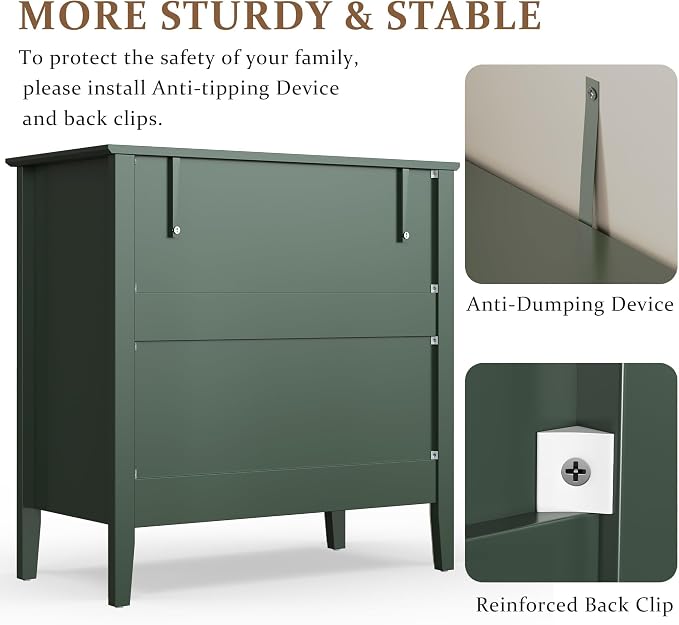 RoyalCraft Fluted 3 Drawer Dresser, 32 inch Wide Dresser Nightstand for Bedroom, Modern Wood Chest of Drawers, Large Painted Nightstand with 3 Drawers for Closet, Hallway, Entryway, Dark Green - Image 5